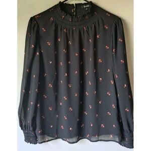 Madewell Women's S Smocked Mockneck Long Sheer Balloon Sleeve Floral Print Black